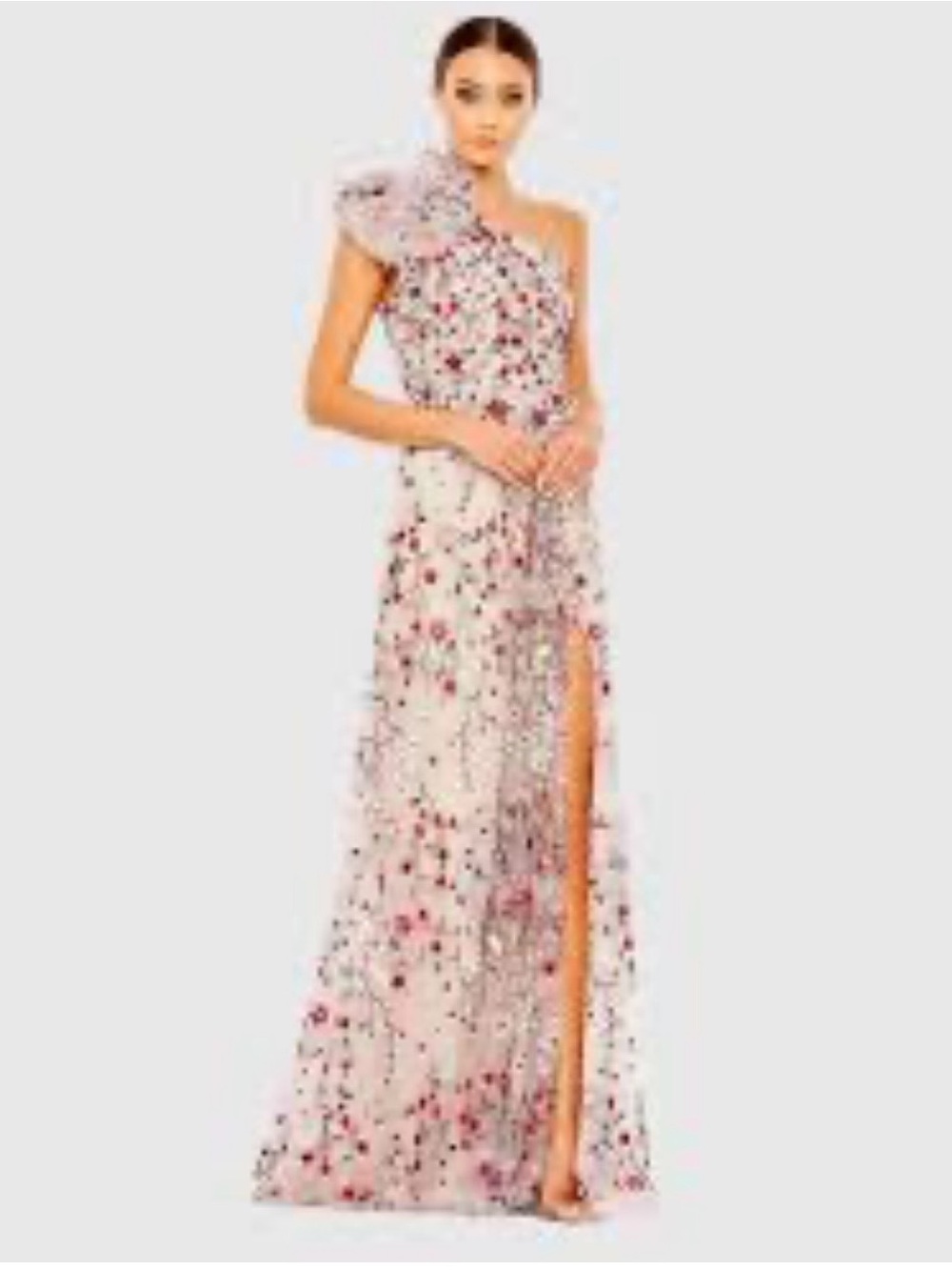 One-Shoulder Pink Floral Evening Gown